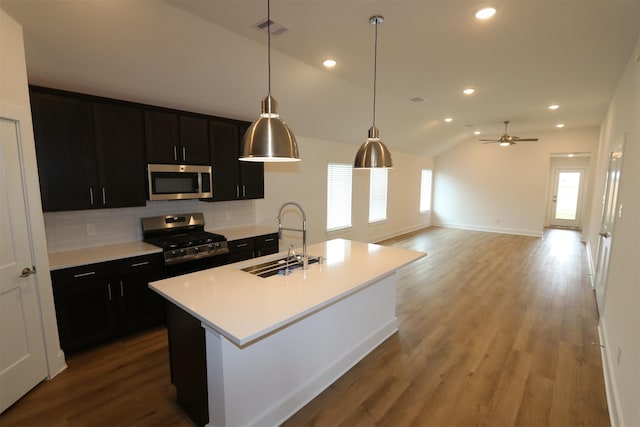 kitchen with appliances with stainless steel finishes, open floor plan, a sink, and an island with sink