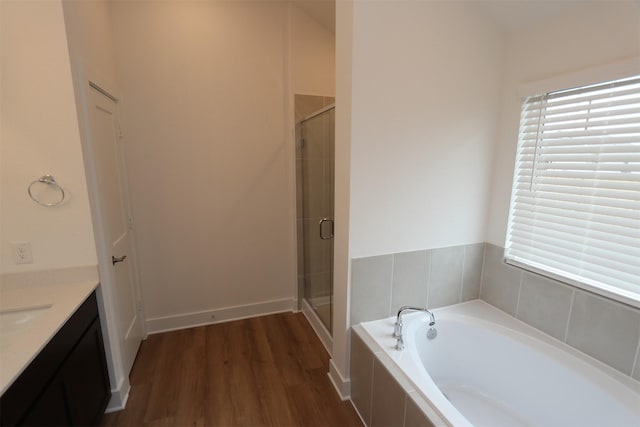 bathroom with wood finished floors, a shower stall, vanity, and a healthy amount of sunlight