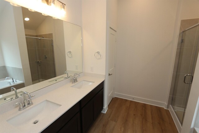 bathroom with double vanity, wood finished floors, and a sink