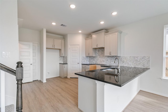 kitchen with visible vents, light wood-type flooring, a sink, backsplash, and a peninsula