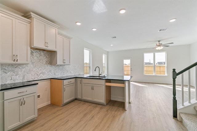 kitchen featuring visible vents, a sink, backsplash, a peninsula, and light wood finished floors