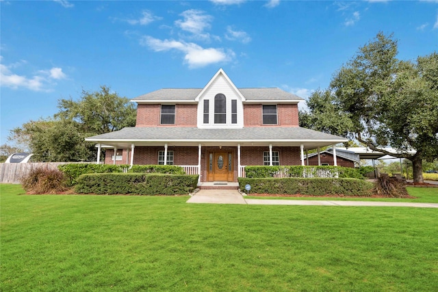 farmhouse inspired home with covered porch and a front lawn