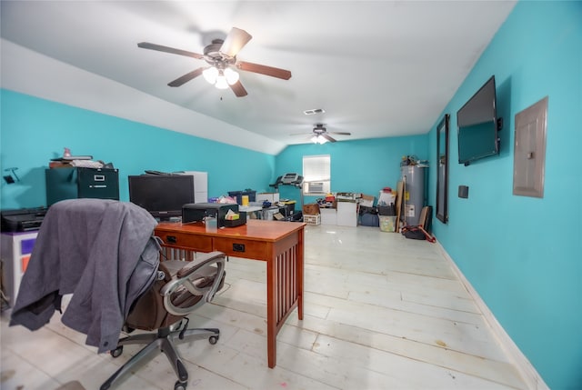 office area with ceiling fan, electric panel, water heater, and light hardwood / wood-style floors