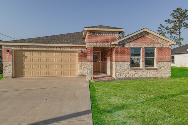 view of front of home featuring a front lawn and a garage