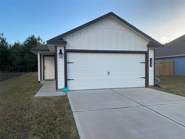 single story home with a front lawn, driveway, fence, board and batten siding, and an attached garage