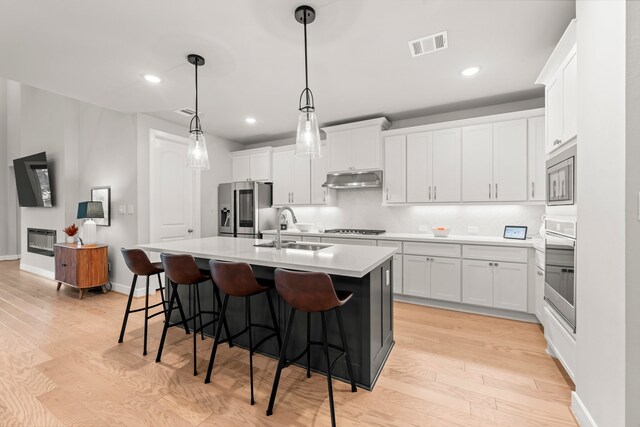 kitchen with appliances with stainless steel finishes, sink, a center island with sink, and white cabinets