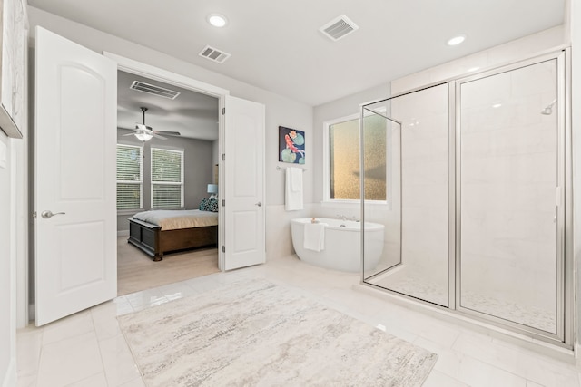 bathroom with independent shower and bath and ceiling fan