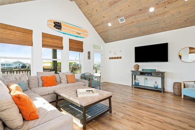 living room featuring light hardwood / wood-style flooring, high vaulted ceiling, and wooden ceiling