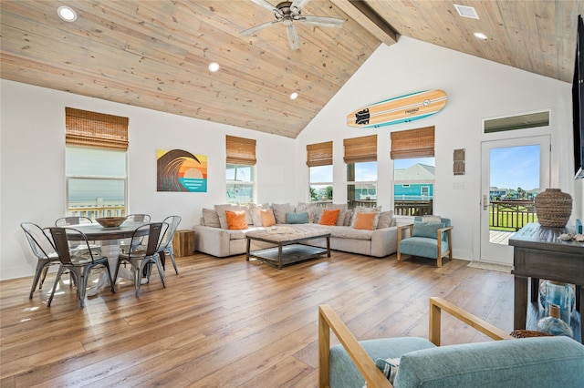 living room featuring beamed ceiling, high vaulted ceiling, light wood-type flooring, and ceiling fan