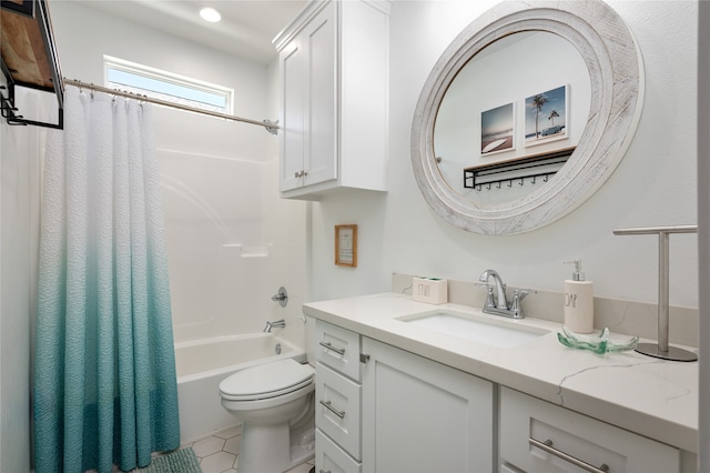 full bathroom with vanity, toilet, tile patterned floors, and shower / bath combo with shower curtain