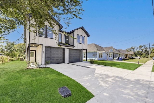 view of front facade with a front lawn, central AC unit, and a garage