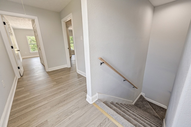 stairway with hardwood / wood-style flooring