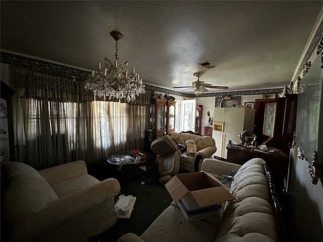 6022 Belarbor St, Houston, TX 77033 - living area with ceiling fan, a chandelier, and carpet floors