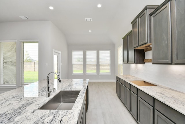 kitchen with light stone countertops, a sink, light wood-style flooring, and plenty of natural light