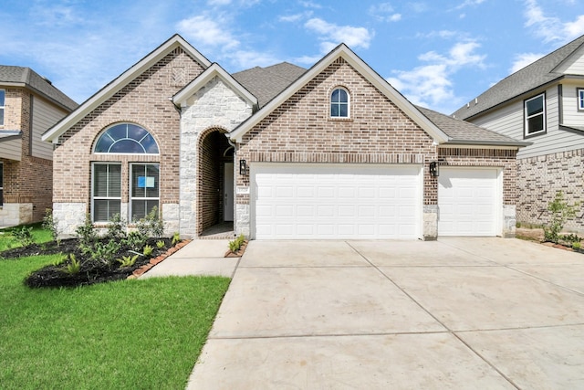 french provincial home with brick siding, driveway, and an attached garage