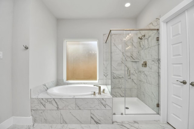 full bath with a garden tub, recessed lighting, marble finish floor, and a marble finish shower