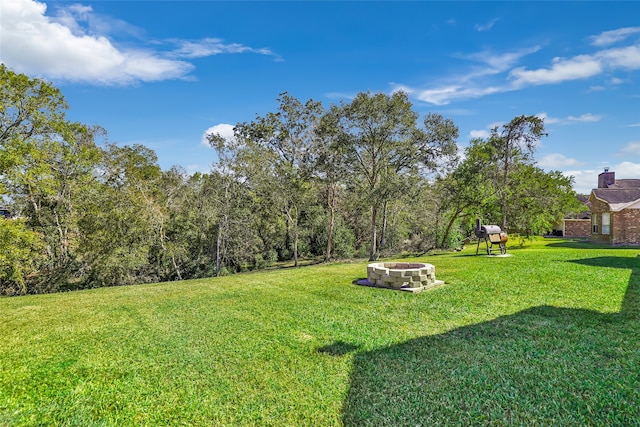 view of yard with a fire pit