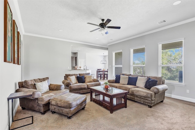 living room with ornamental molding, a textured ceiling, and light colored carpet