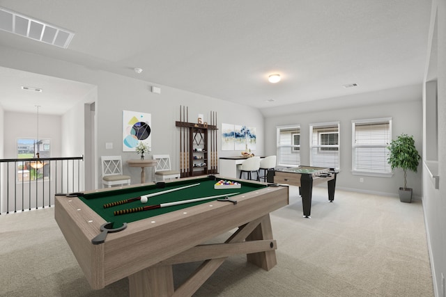 game room with light colored carpet, billiards, a wealth of natural light, and visible vents