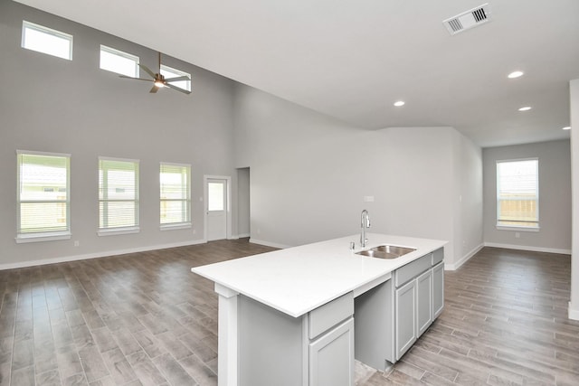 kitchen with light wood finished floors, a sink, visible vents, a ceiling fan, and open floor plan