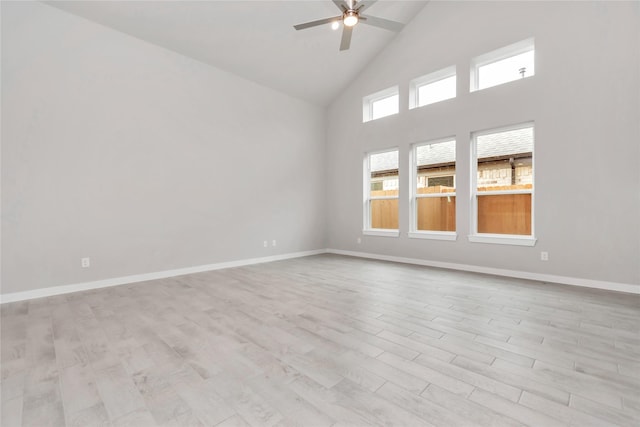 14707 Surfbird Ln, Houston, TX 77049 - unfurnished room featuring high vaulted ceiling, a ceiling fan, light wood-style flooring, and baseboards