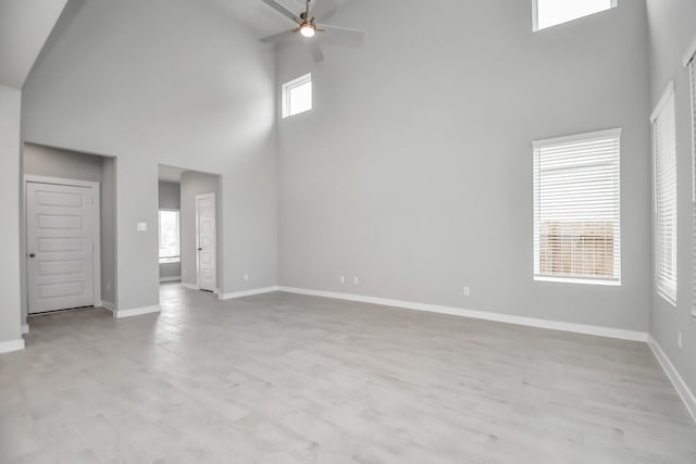 unfurnished living room with light hardwood / wood-style floors, high vaulted ceiling, and ceiling fan