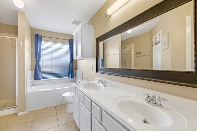 full bathroom featuring vanity, plus walk in shower, toilet, and tile patterned floors