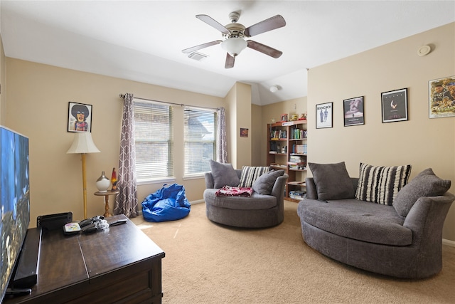 interior space featuring lofted ceiling and ceiling fan