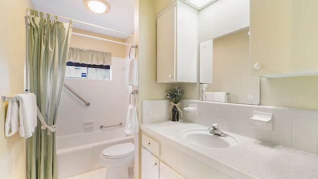 full bathroom featuring tasteful backsplash, shower / bath combo, toilet, vanity, and tile patterned flooring