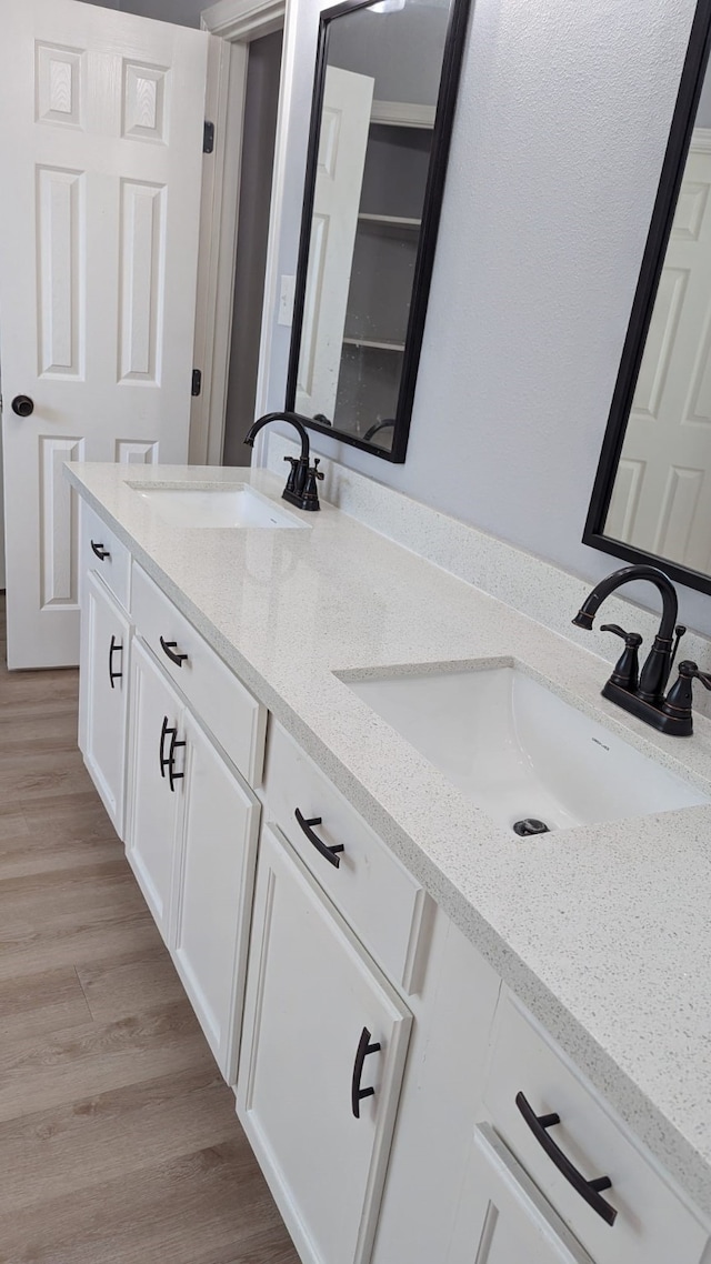 bathroom with hardwood / wood-style floors and vanity