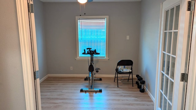 workout room with light hardwood / wood-style flooring