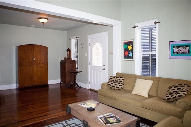 living room with dark hardwood / wood-style flooring