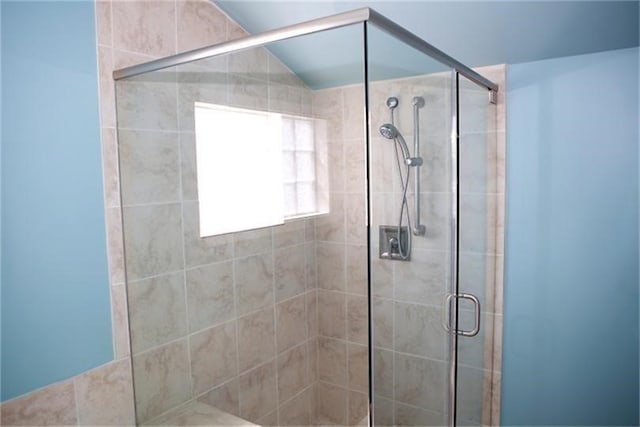 bathroom with a shower with shower door