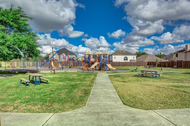 view of jungle gym with a yard