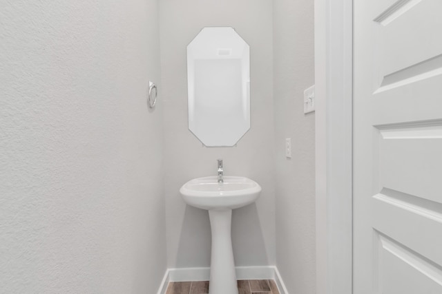 bathroom with wood-type flooring