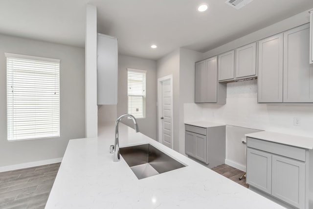 kitchen featuring gray cabinets, hardwood / wood-style floors, sink, and a wealth of natural light