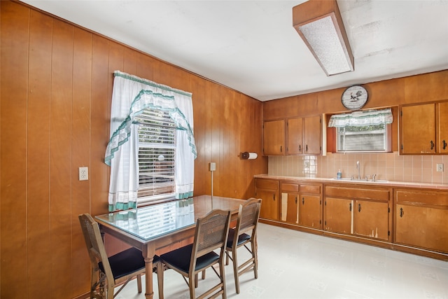 kitchen featuring sink, wooden walls, and decorative backsplash