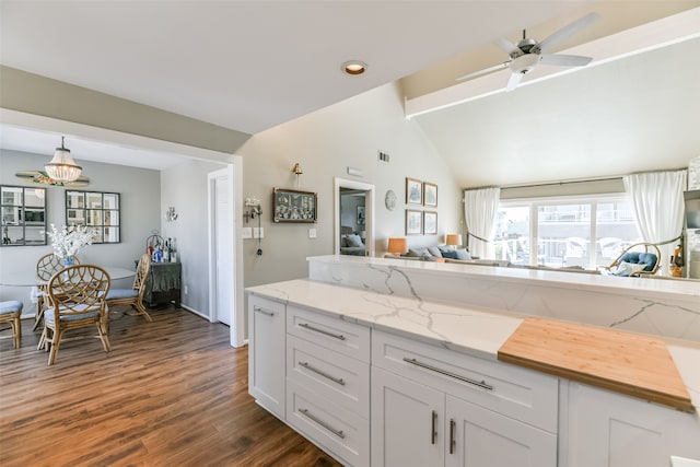 kitchen featuring dark hardwood / wood-style floors, ceiling fan, white cabinetry, and lofted ceiling