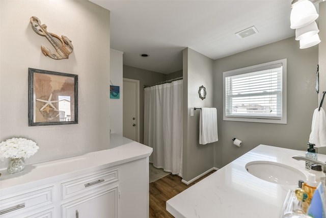 bathroom with wood-type flooring and vanity