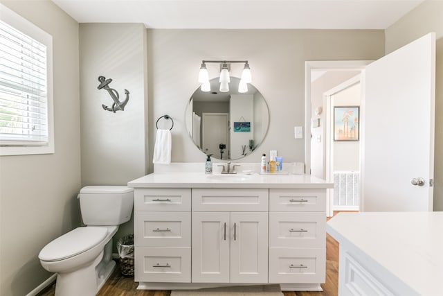 bathroom featuring vanity, wood-type flooring, and toilet