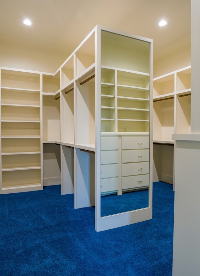 spacious closet featuring dark carpet