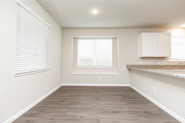 unfurnished dining area with hardwood / wood-style flooring, built in desk, and a wealth of natural light