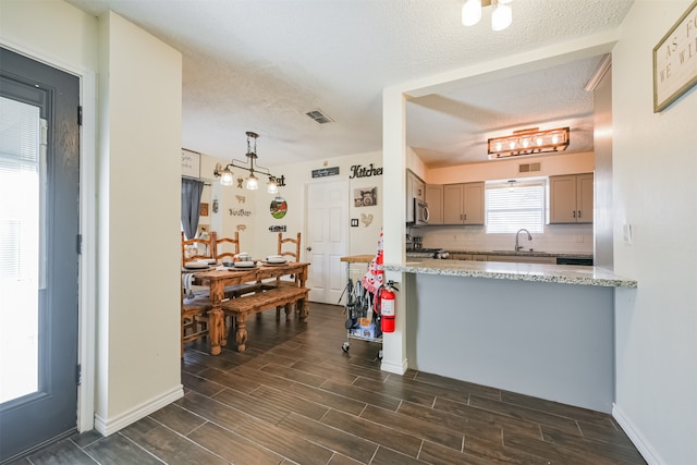 kitchen featuring tasteful backsplash, a textured ceiling, sink, and pendant lighting