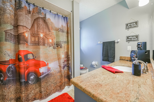 bathroom with vanity, a shower with shower curtain, a textured ceiling, and toilet