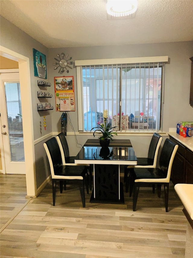 dining area with a healthy amount of sunlight, a textured ceiling, and light hardwood / wood-style flooring