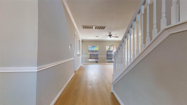 corridor with light hardwood / wood-style floors and crown molding