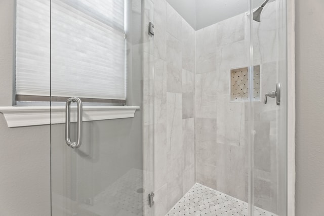 bathroom featuring a shower with shower door