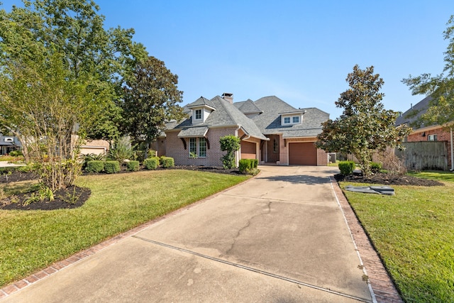 view of front of home with a front yard and a garage