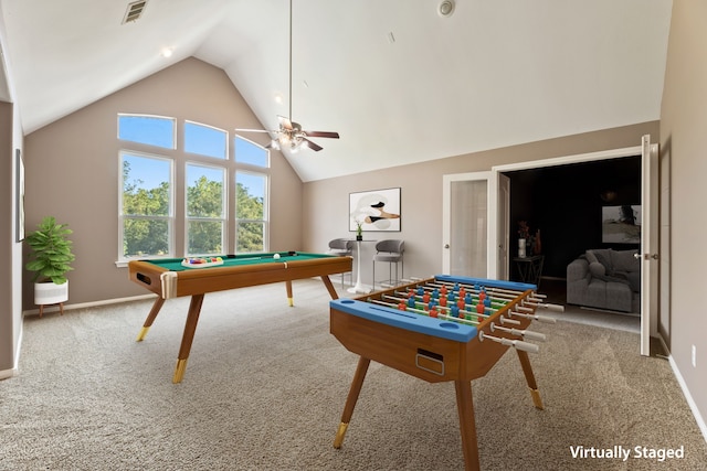 game room featuring billiards, high vaulted ceiling, carpet, and ceiling fan