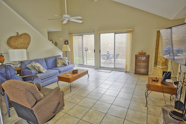 tiled living room featuring high vaulted ceiling and ceiling fan